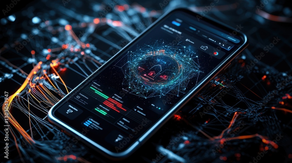 Poster 3d model of smart home dashboard displayed on mobile phone with digital network connections and inte
