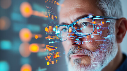 focused man with glasses analyzing digital data and technology. His expression reflects concentration and insight into information displayed