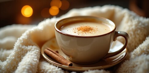 Warm cup of golden milk on cozy blanket with cinnamon stick, drink, comfort