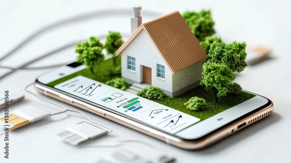 Poster 3d model of smart home dashboard displayed on a phone with digital elements and greenery surrounding