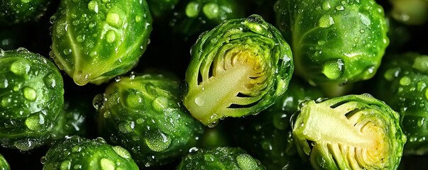 Freshly harvested Brussels sprouts glistening with moisture.