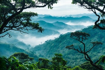 Obraz premium Aerial view of a buA breathtaking vista unfolds as ethereal mists and wisps of fog dance beneath a resplendent emerald canopy, creating an enchanting spectacle of contrasting elements and otherworldly