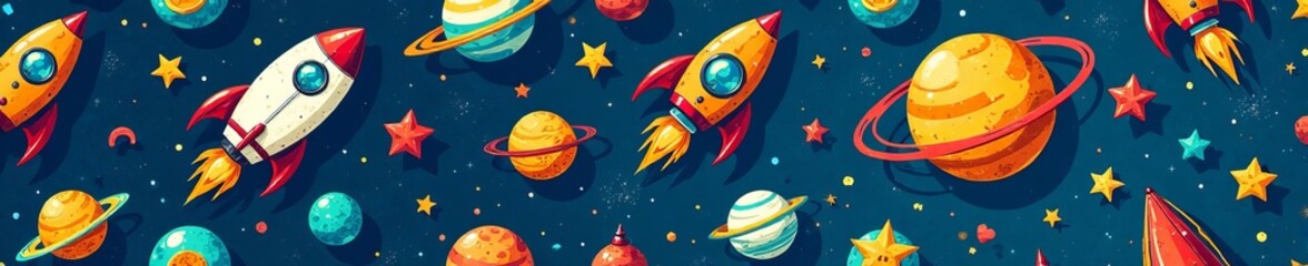 Naklejka premium Whimsical seamless doodle toy pattern featuring rockets, aliens, and planets, adventure, imagination