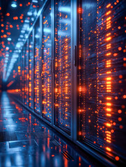 Fototapeta premium A captivating view of a futuristic server room filled with illuminated cabinets displaying an array of lights, symbolizing the heart of modern data management and technology advancements.