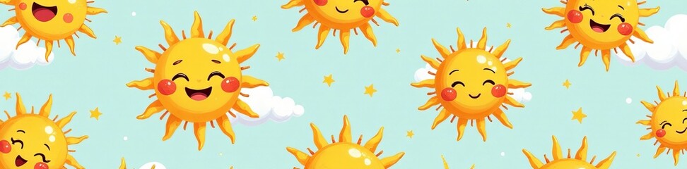 Whimsical sun illustrations in a seamless pattern, ideal for summer-themed designs, sunny, summer
