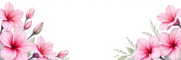 Naklejka premium Watercolor soft pink flowers forming a delicate frame on white background, pastel, floral