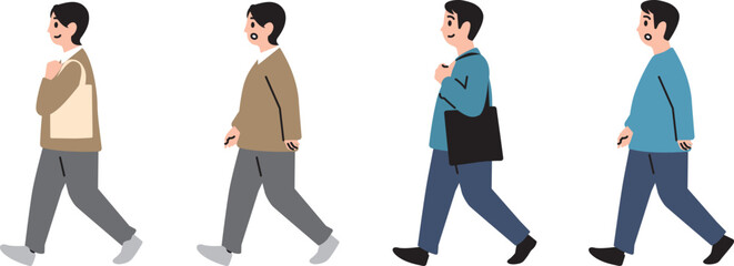 肥満男性と肥満女性が歩くシーンのイラストセット