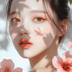 꽃에 둘러싸인 젊은 한국 여성의 꿈꾸는 듯한 클로즈업
