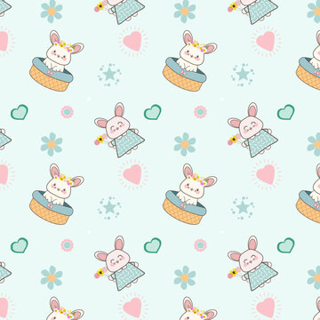 Pattern con graziosi coniglietti, fiori, cuori e stelline su sfondo menta