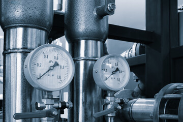 Boiler room gas pressure meter. Industrial  concept. equipment of the boiler-house, - valves,...