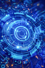 Fototapeta premium A captivating circular design illuminated with bright blue and white lights, representing advanced technology, innovation, and the interconnectedness of digital systems.