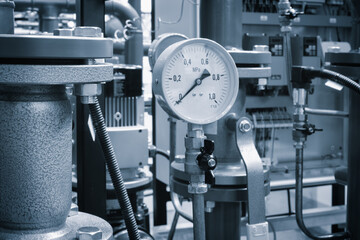 Boiler room gas pressure meter. Industrial  concept. equipment of the boiler-house, - valves, tubes, pressure gauges manometer