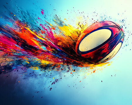 A dynamic image of a rugby ball exploding with vibrant splashes of paint in various colors, symbolizing energy, movement, and sports, with a creative burst of color and motion.
