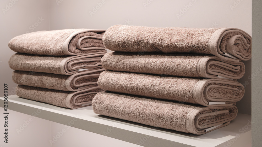 Leinwandbilder A stack of towels on a shelf. The towels are stacked on top of each other.