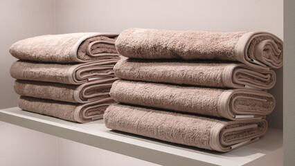 A stack of towels on a shelf. The towels are stacked on top of each other.