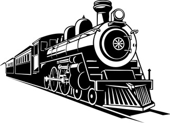 Black and White Vintage Train Vector: A detailed steam locomotive design perfect for transport themes, retro projects, or travel illustrations.