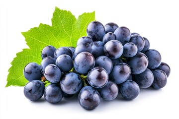 Fototapeta premium bunch of fresh blue grapes with leaves, isolated on a white background