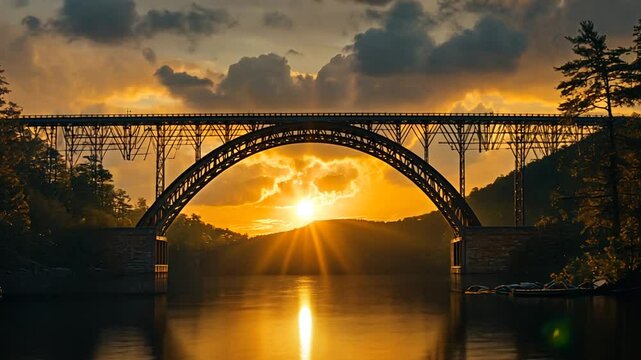 Golden Hour at New River Gorge Bridge: A Radiant Sunset over Serene Waterscape