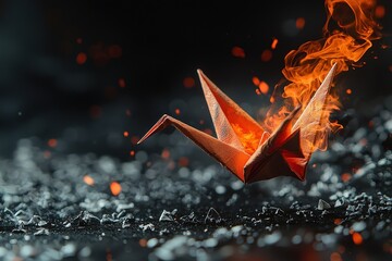 Fiery origami crane with flames and ashes in dramatic dark setting