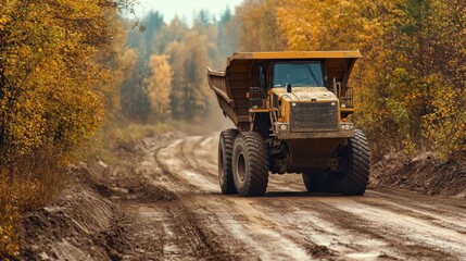 Obraz premium Heavy Machinery on Rural Road in Autumn Landscape