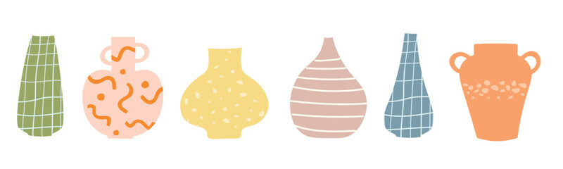 A set of abstract silhouettes of multi-colored vases with ornaments and drawings. Vector flat graphics.