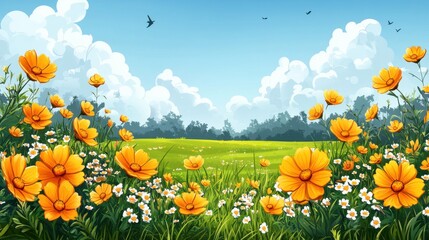 Obraz premium yellow flowers on sammer nature background,cartoon illustration