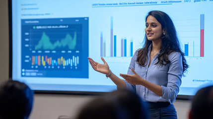 Young Woman Is Giving Presentation Group People. Standing Front Large Screen Displaying Charts Graphs, Gesturing Hands Emphasize Points. Confident Demeanor Suggests Knowledgeable Engaging Audience.