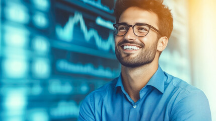 Fototapeta premium A cheerful young man wearing glasses smiles brightly in a modern business setting filled with vibrant technology charts, embodying a sense of positivity and professional success.