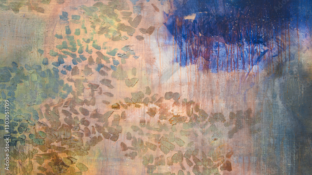 Aufkleber a painting of a forest with a blue sky in the background. the painting is full of different colors a