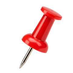 Close-Up of a Single Red Push Pin with a Sharp Metal Tip Isolated on a Transparent Background.