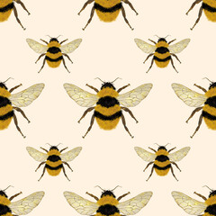 Seamless print with golden bees and bumblebees. Minimalistic pattern on a light background.