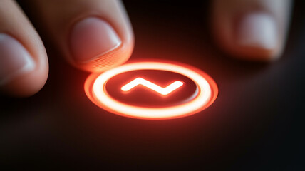 close up of finger pressing glowing red button with wave symbol, symbolizing activation or control. image conveys sense of technology and interaction