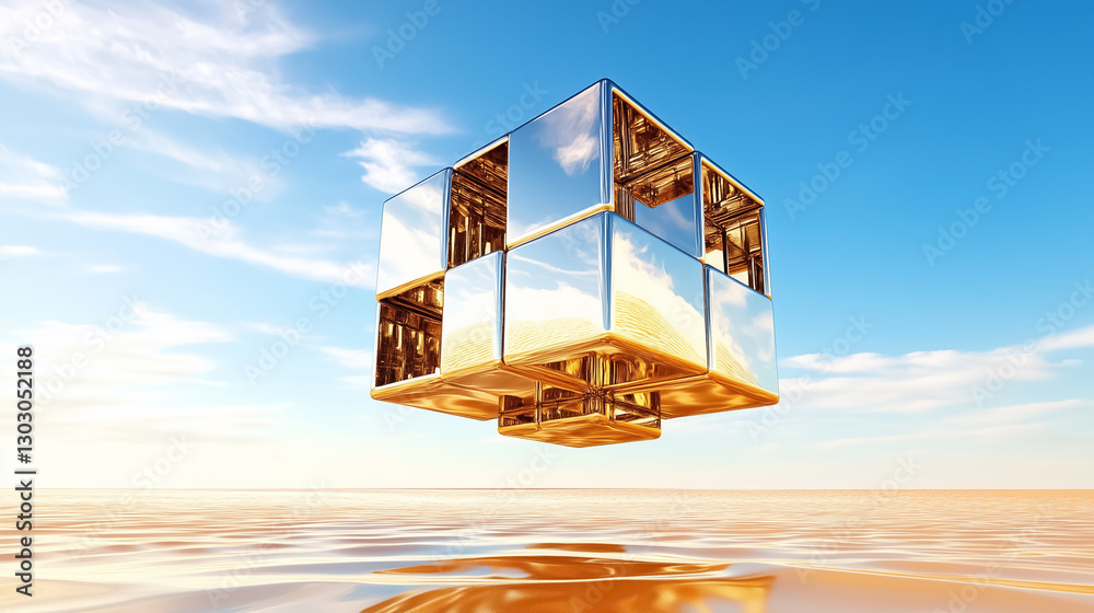 Poster suspended in an endless void, a colossal cube composed of countless smaller cubes captures light, cr