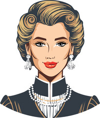 Stylized vector portrait of an elegant woman with blonde hair, pearls, and vintage fashion, ideal for beauty or fashion projects.