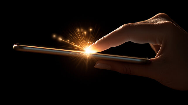 hand touching smartphone screen, creating glowing effect. image conveys sense of technology and innovation