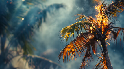 Half burnt palm tree engulfed in flames with thick smoke rising, depicting wildfire destruction, environmental disaster, climate change impact, and deforestation in a tropical forest.