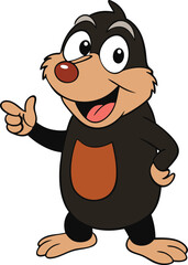 A cute cartoon mole, with big eyes and small paws, gestures playfully with one hand raised, exuding a friendly and curious personality, ready to engage in fun adventures.