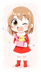cheerful anime girl in santa dress holding gift box with chick