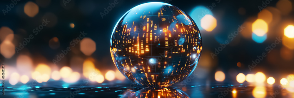Fototapete A spherical structure showcases a dynamic display of colorful patterns that continuously change and shift. This captivating visualization reflects the interplay of data in a futuristic environment