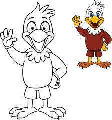 A cartoon eagle happily waves with one wing, its bright eyes shining with joy. The playful pose and fluffy feathers add a fun, friendly vibe, making it an uplifting character.