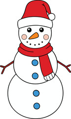A cute cartoon Christmas snowman with a carrot nose, scarf, and top hat, standing cheerfully in a snowy scene, spreading holiday joy and festive cheer with a big smile.