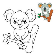 A cute cartoon koala character clings to a tree, with big round eyes and a fluffy grey body, looking playful and relaxed, surrounded by lush green leaves in a peaceful setting.