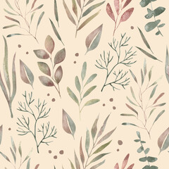 Fototapeta premium Painted leaves. Watercolor hand-drawn seamless pattern with green leaves and branches on pink background.