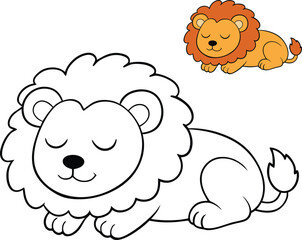 A cute cartoon lion peacefully sleeping on a grassy patch, with its paws tucked in, eyes closed, and a serene expression, perfect for a relaxing and fun coloring experience.