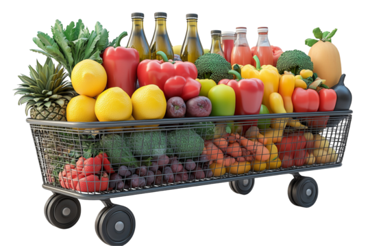 Shopping cart brimming with a variety of fresh fruits, vegetables, and other healthy items, showcasing vibrant colors and nutritious choices ideal for a balanced diet and active lifestyle.
