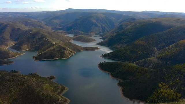 Aerial view from Miradouro da Serpente do Medal, a stunning panoramic view over the Sabor Lakes, namely the Medal Lake and the Sanctuaries Lake.