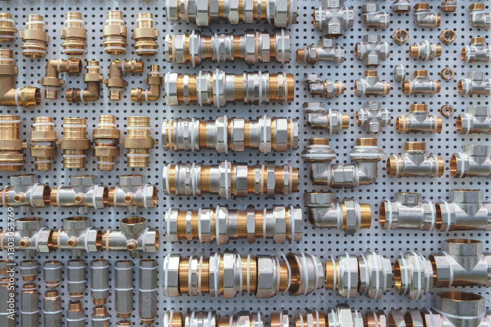 Aufkleber A wall of pipes and fittings with a variety of sizes and shapes. The wall is organized and the pipes are displayed in a way that makes it easy to see the differences between them