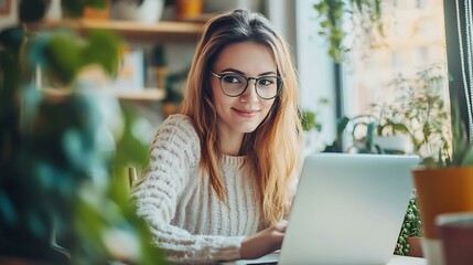 A businesswoman in a cozy office typing on her laptop, working on a St. Patrickâ€™s Day discount promotion