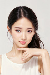 A woman with a black hair and a white tank top