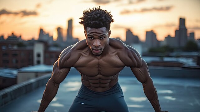 A fit, energetic man doing an outdoor workout on a rooftop with a city skyline in the background during golden hour. He is captured mid-motion, performing an intense bodyweight exercise. His focused